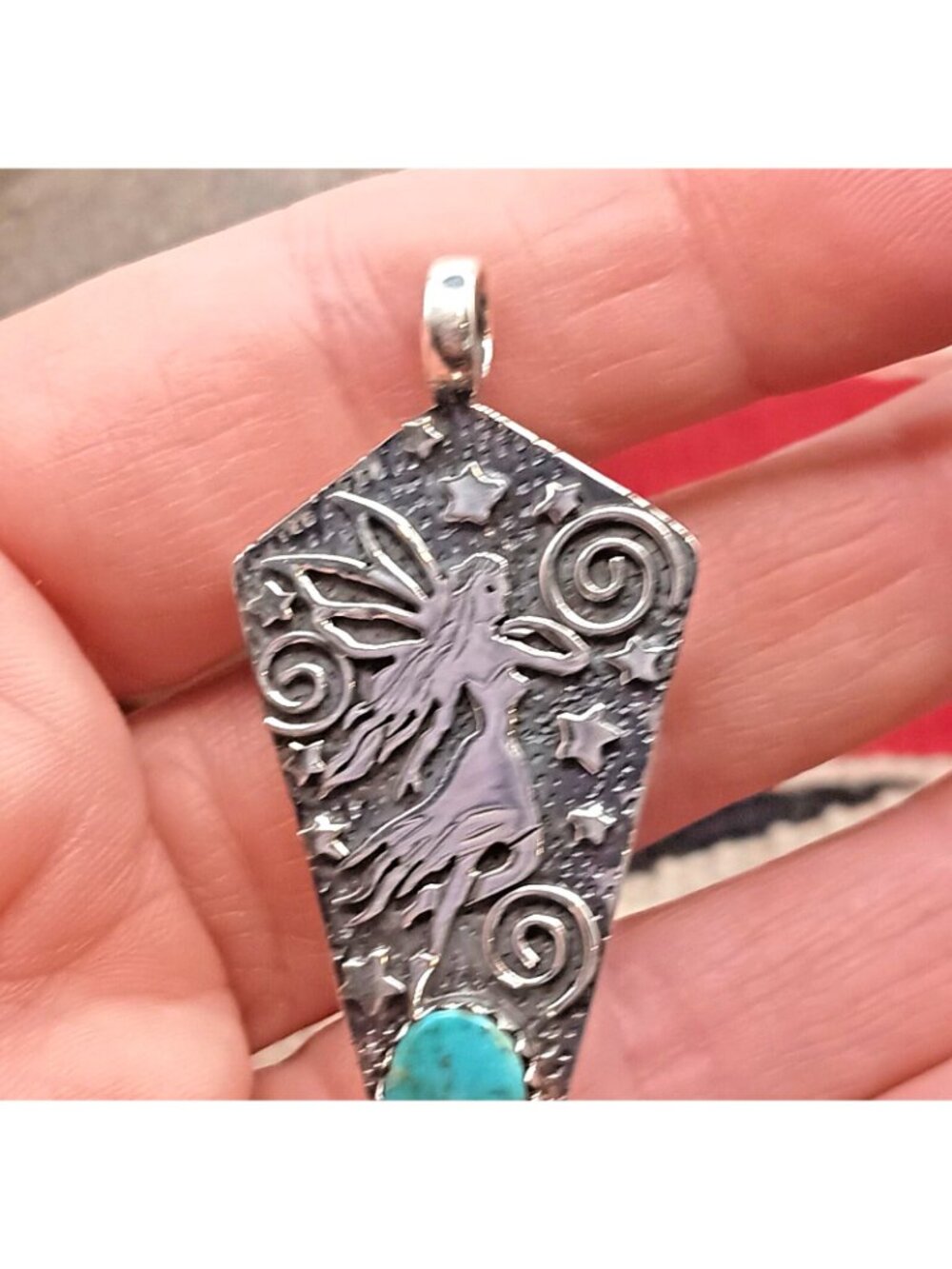 Whimsical Handmade Sterling Silver Fairy Pendant Necklace Turquoise Moon Stars - Picture 3 of 7